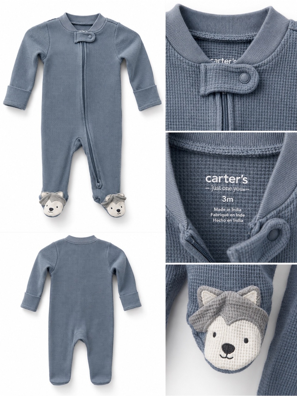Carter's Blue Waffle Knit Baby One-Piece with Fox Footies